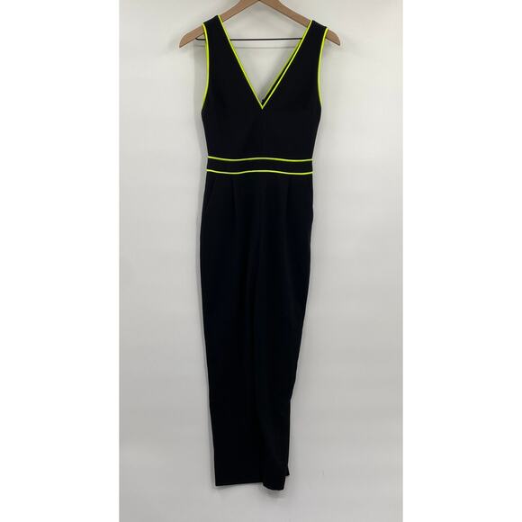 Alice + Olivia Jeri Jumpsuit Neon Striped V Neck Sleeveless Black Lime Green 0 - Picture 2 of 9